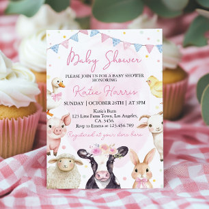 Farm Animals Pink Barnyard Baby shower Uitnodiging
