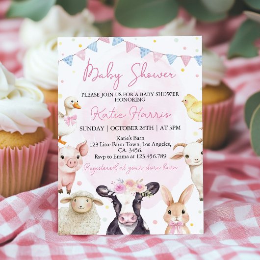 Farm Animals Pink Barnyard Baby shower Uitnodiging
