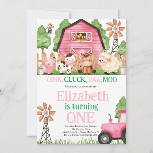 Farm Animals Pink Girl Barnyard Birthday Party Kaart (Voorkant)