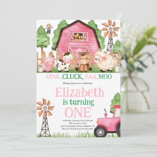 Farm Animals Pink Girl Barnyard Birthday Party Kaart (Staand voorkant)