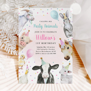 Farm Animals Pink Girl Barnyard Birthday Party Kaart