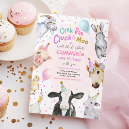 Farm Animals Pink Girl Barnyard Birthday Party Kaart