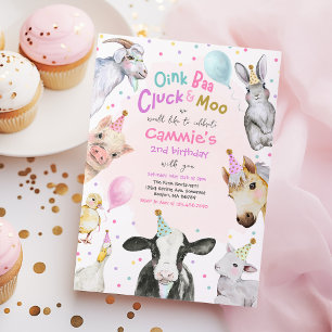 Farm Animals Pink Girl Barnyard Birthday Party Kaart