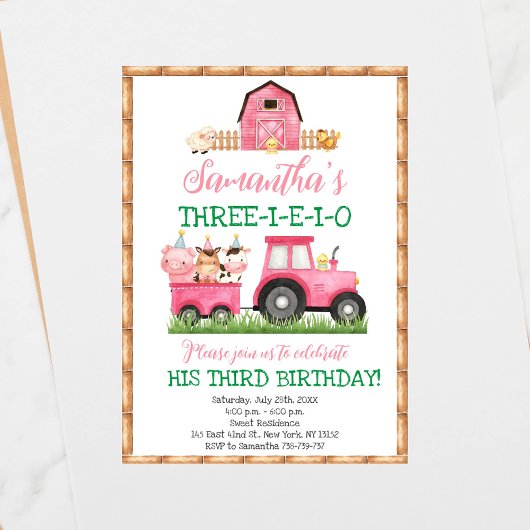 Farm Animals Pink Girl Barnyard Birthday Party Kaart