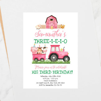 Farm Animals Pink Girl Barnyard Birthday Party Kaart
