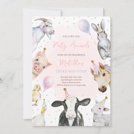 Farm Animals Pink Girl Barnyard Birthday Party Kaart (Voorkant)