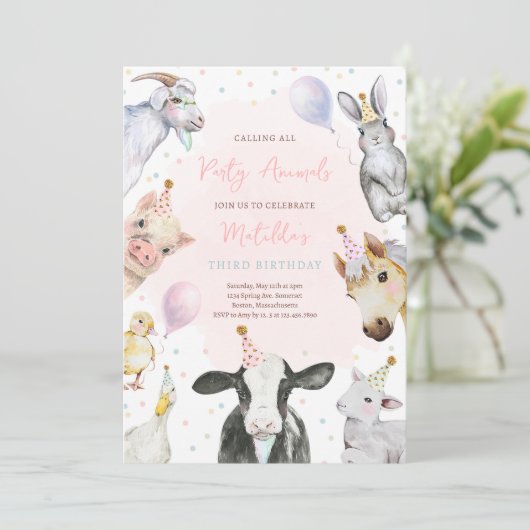 Farm Animals Pink Girl Barnyard Birthday Party Kaart (Staand voorkant)