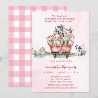 Farm Animals Pink Truck Baby shower Kaart