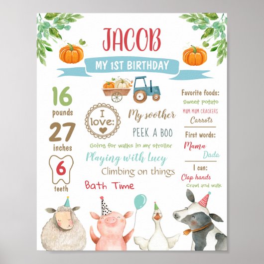 Farm Animals pomkin First Birthday Boy Milestone Poster (Voorkant)