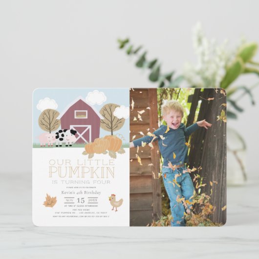 Farm Animals Pumpkin Birthday Foto Kaart (Staand voorkant)