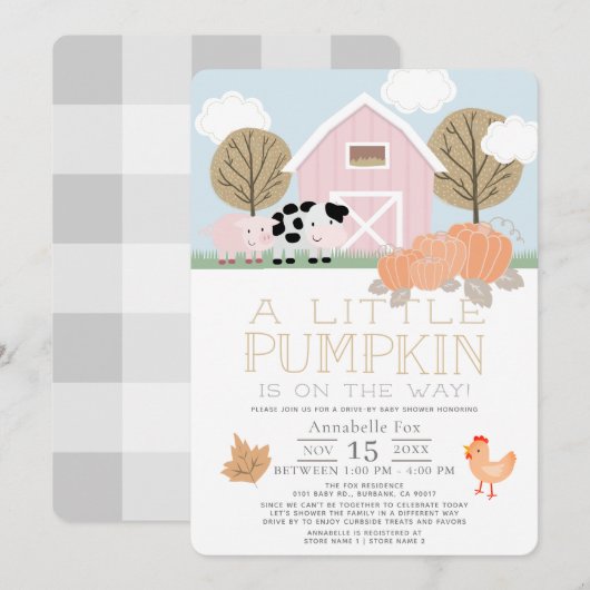 Farm Animals Pumpkin Pink Drive-by Baby shower Kaart (Voorkant / Achterkant)