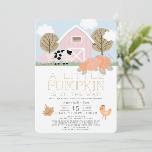 Farm Animals Pumpkin Pink Drive-by Baby shower Kaart (Staand voorkant)