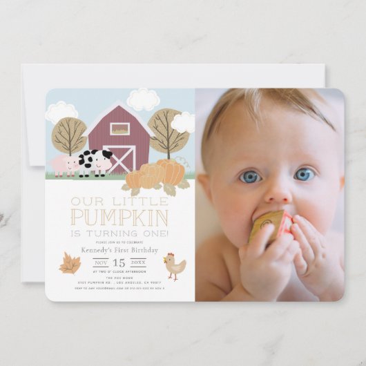 Farm Animals Pumpkin-pleisterkalk 1e verjaardag Fo Kaart (Voorkant)