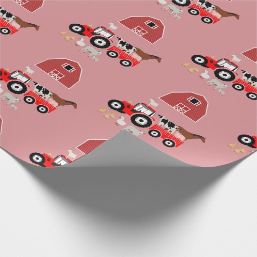Farm Animals & Red Tractor Barnyard Girls Pattern Cadeaupapier (Hoek)