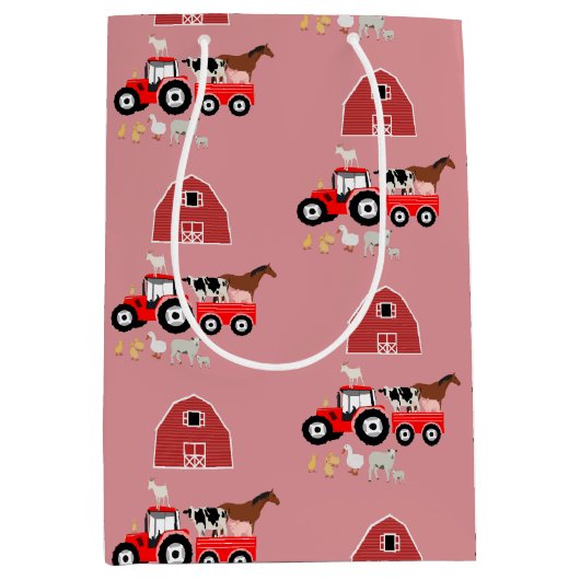 Farm Animals & Red Tractor Barnyard Girls Pattern Medium Cadeauzakje (Voorkant)