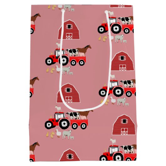 Farm Animals & Red Tractor Barnyard Girls Pattern Medium Cadeauzakje (Achterkant)