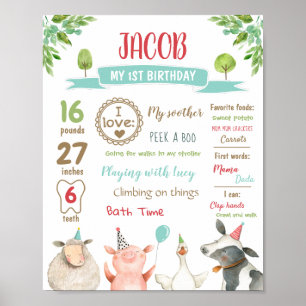 Farm Animals Safari First Birthday Boy Milestone Poster