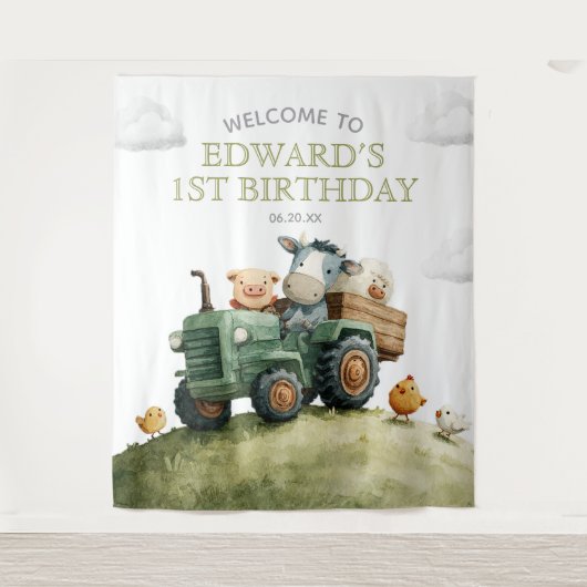 Farm Animals Tractor Birthday Photo Backdrop Wandkleed (Voorkant)