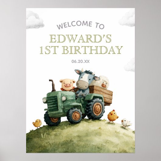 Farm Animals Tractor Birthday Welcome Sign Poster (Voorkant)