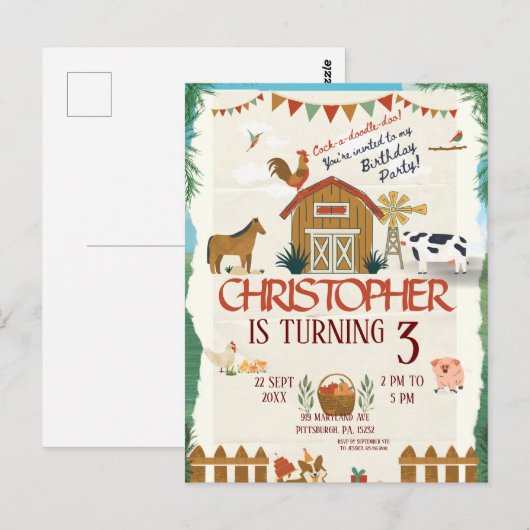 Farm Animals Watercolor Modern 1st Birthday Briefkaart (Voorkant / Achterkant)