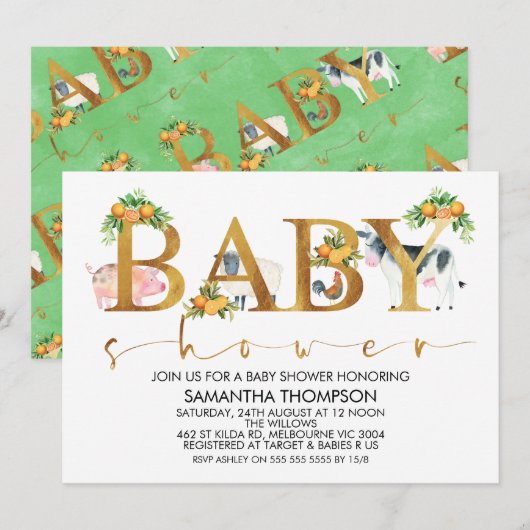 Farm Animals Word Baby shower Invitation Kaart (Voorkant / Achterkant)