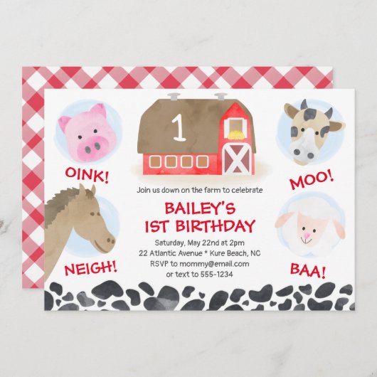Farm Barnyard Animals Red Gingham Boy Birthday Kaart (Voorkant / Achterkant)