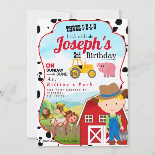FARM BOY 3rd BIRTHDAY INVITATION THREE-I-I-I-O Kaart (Voorkant)