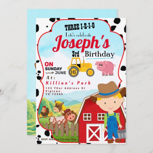 FARM BOY 3rd BIRTHDAY INVITATION THREE-I-I-I-O Kaart (Voorkant / Achterkant)