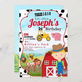 FARM BOY 3rd BIRTHDAY INVITATION THREE-I-I-I-O Kaart
