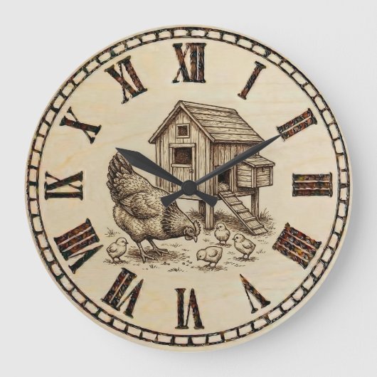 Farm Chicken Wall Clock – Wood-Burned style  Grote Klok (Voorkant)
