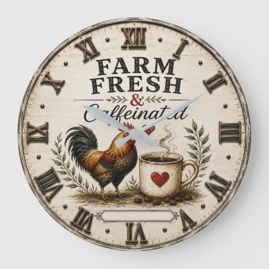 Farm Fresh & Caffeinated Rustic Rooster Coffee Grote Klok (Voorkant)