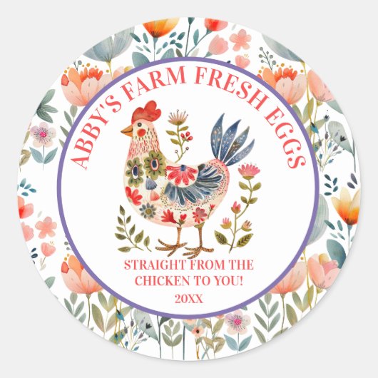 Farm Fresh Eggs Folk Art Chicken Ronde Sticker (Voorkant)