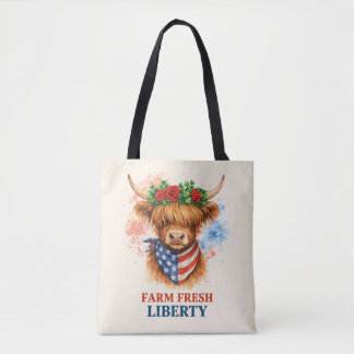 Farm Fresh Liberty Highland Cow Patriotic USA Art Tote Bag