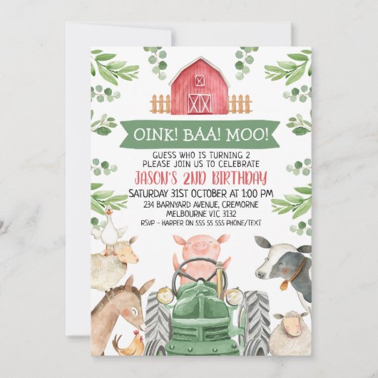 Farm Green Tractor Oink Baa Moo 2nd Birthday Kaart (Voorkant)