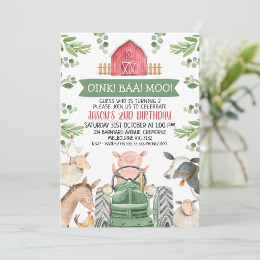 Farm Green Tractor Oink Baa Moo 2nd Birthday Kaart (Staand voorkant)