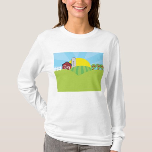 Farm Landscape Red Barn Silo Apple Trees T-shirt (Voorkant)