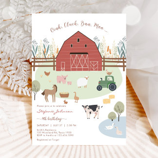 Farm Party Animals Kids Birthday Invitation Kaart