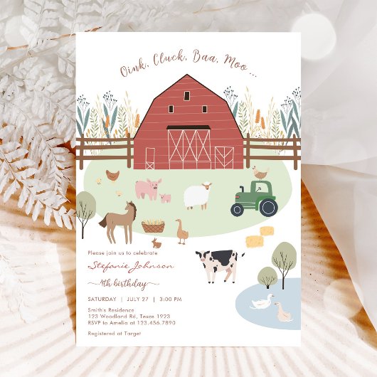 Farm Party Animals Kids Birthday Invitation Kaart