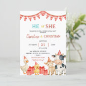 Farm Party He or She Gender Reveal Invitation Kaart (Staand voorkant)
