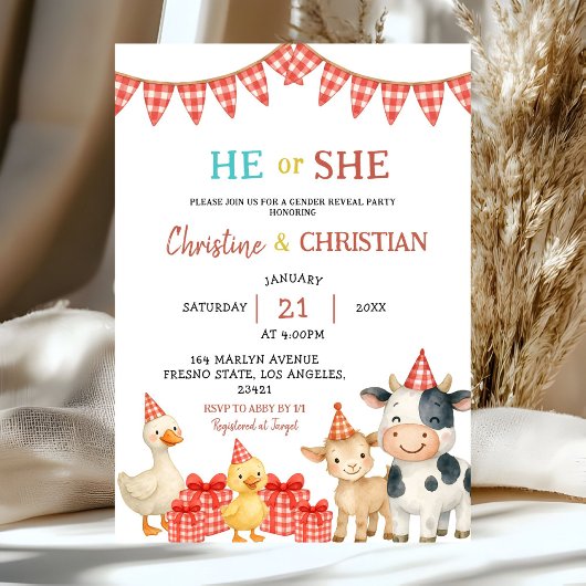 Farm Party He or She Gender Reveal Invitation Kaart