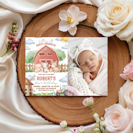 Farm Party Photo 1st Birthday Invite Kaart