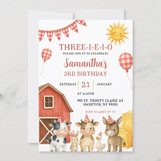 Farm Party Three-i-e-i-o Birthday Invitation Kaart (Voorkant)