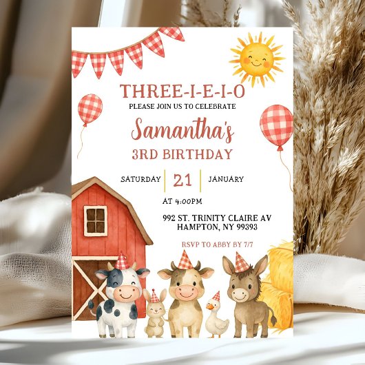 Farm Party Three-i-e-i-o Birthday Invitation Kaart