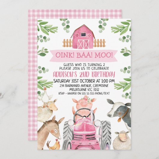 Farm Pink Tractor Oink Baa Moo 2nd Birthday Kaart (Voorkant / Achterkant)