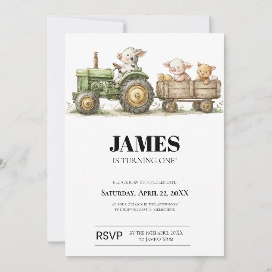 Farm Tractor Birthday Invitation | Barnyard Animal Kaart (Voorkant)