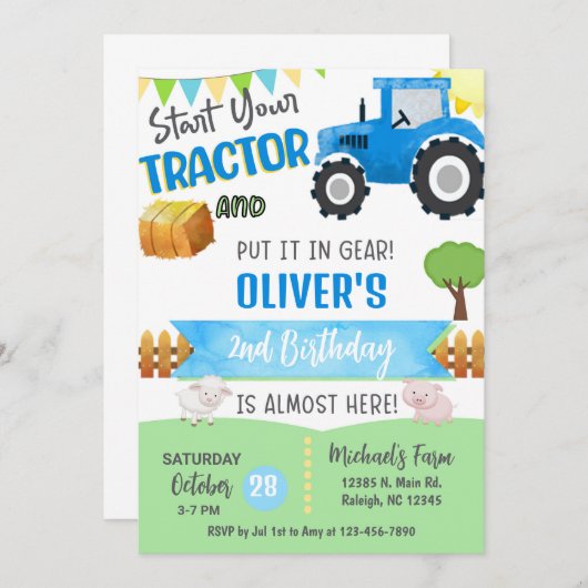Farm tractor boy ANY AGE birthday invitation. Kaart (Voorkant / Achterkant)