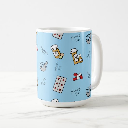 Farmaceutische technische pictogrammen op blauwe k koffiemok (Voorkant rechts)