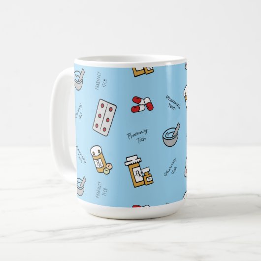 Farmaceutische technische pictogrammen op blauwe k koffiemok (Voorkant links)