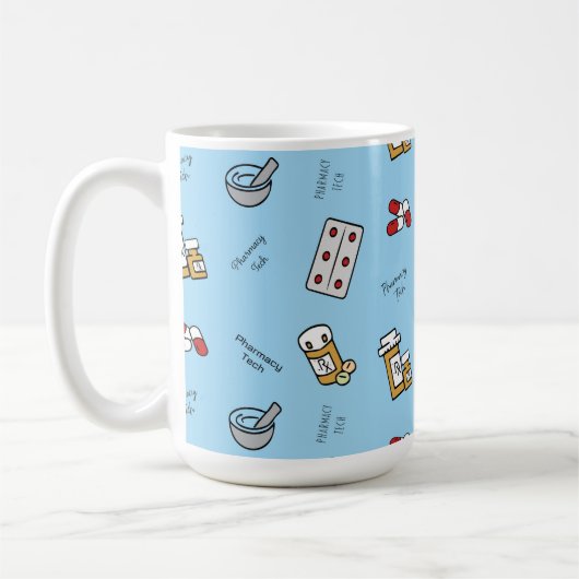 Farmaceutische technische pictogrammen op blauwe k koffiemok (Links)