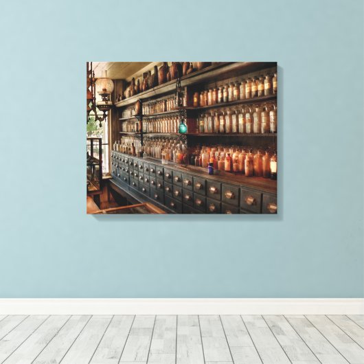 Farmacie - Zoveel bakken en flessen Canvas Afdruk (Insitu (Houten vloer))